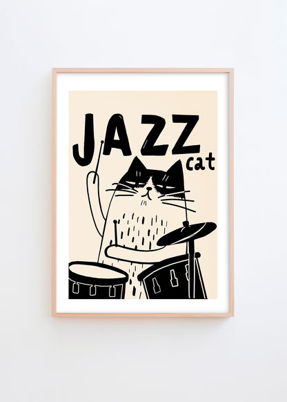 Jazz Cat 2 poster featuring a cool cat playing drums in a black-and-white design set against a cream background, perfect for modern decor.