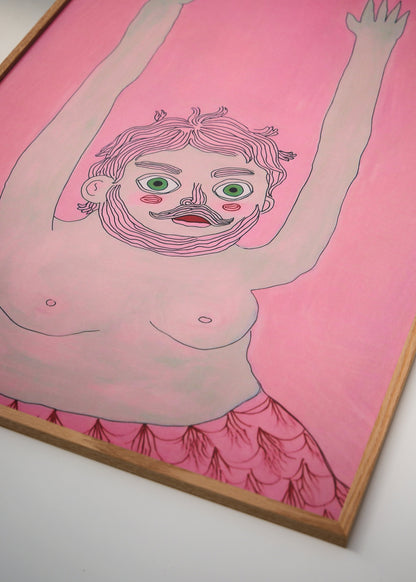 Close-up of the Jerry poster with a playful character on a pink background in a wooden frame