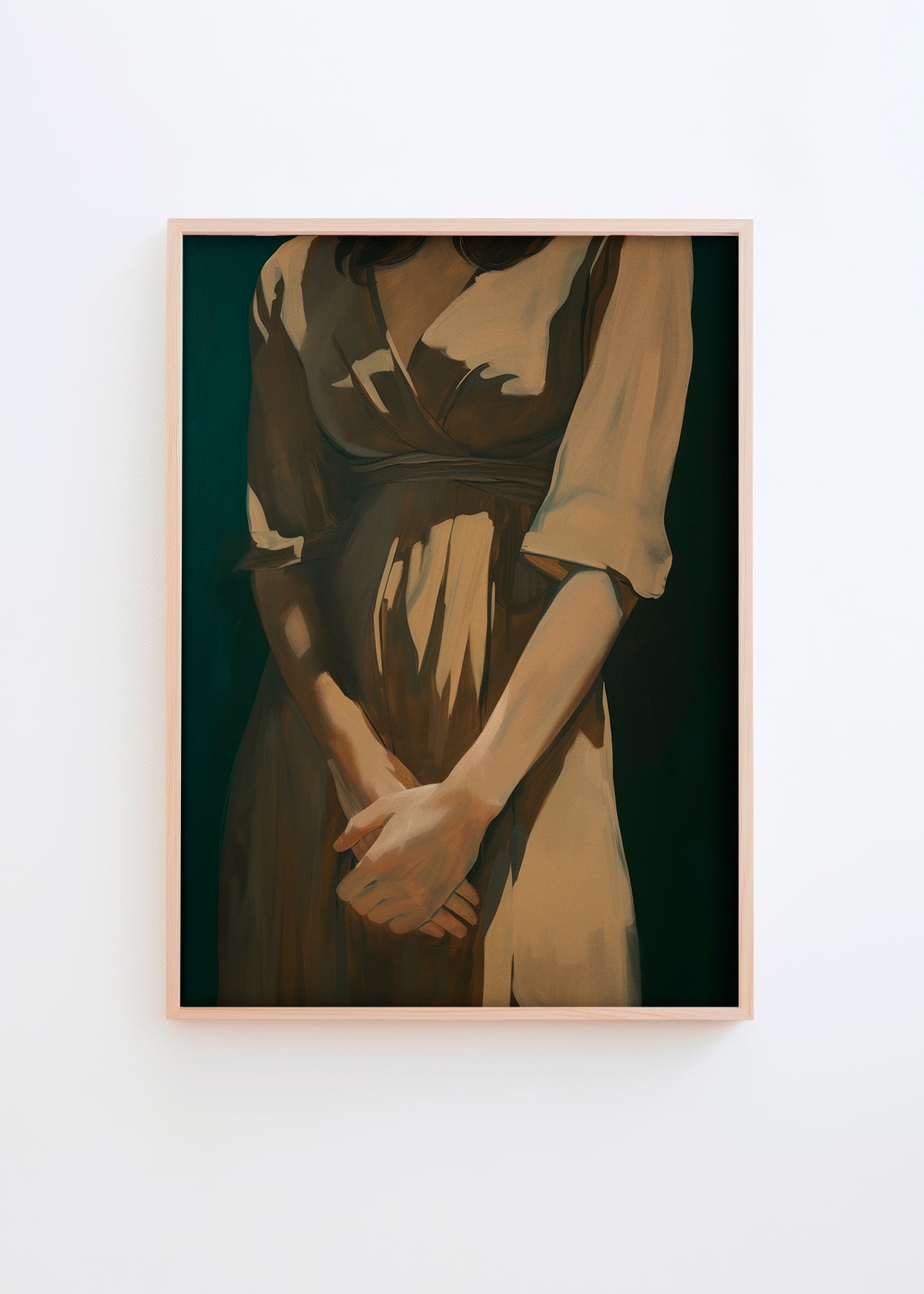 Jolene poster featuring a woman in a muted brown dress, her hands delicately crossed, exuding calm and elegance. Ideal minimalist art for modern interiors.