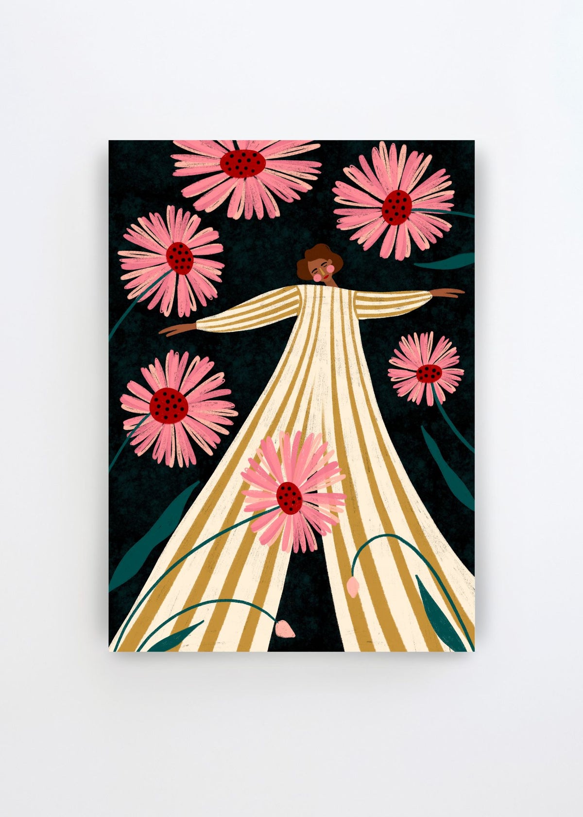 Joyful Woman In Bloom by Bea Müller – colorful art poster featuring a woman in a flowing striped dress surrounded by large pink flowers on a dark background.