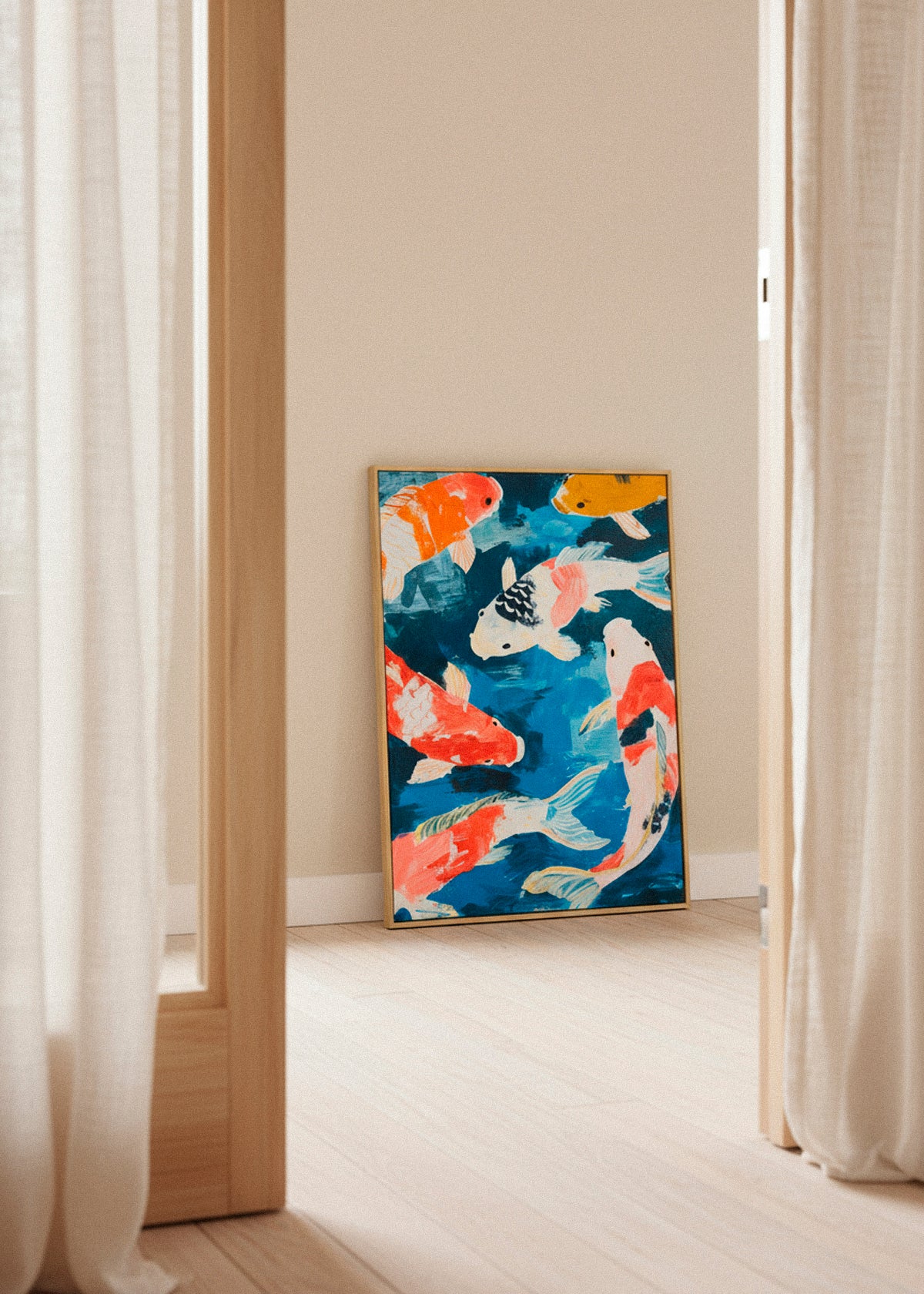 Koi fish canvas leaning against a beige wall with soft curtains and natural light.