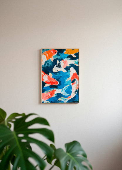 Koi fish canvas leaning against a beige wall with soft curtains and natural light.