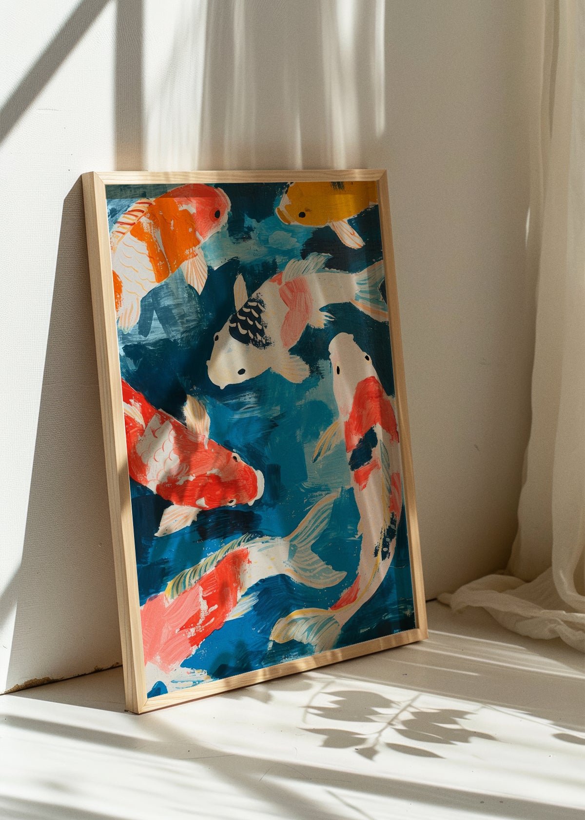 Colorful koi fish illustration poster placed on the floor in soft natural light, creating playful shadows on a white wall.