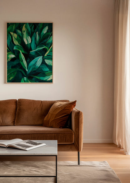Leafs poster in a stylish living room – A nature-inspired poster with deep green leaves, enhancing the serene and modern aesthetic of a Nordic-style living space.