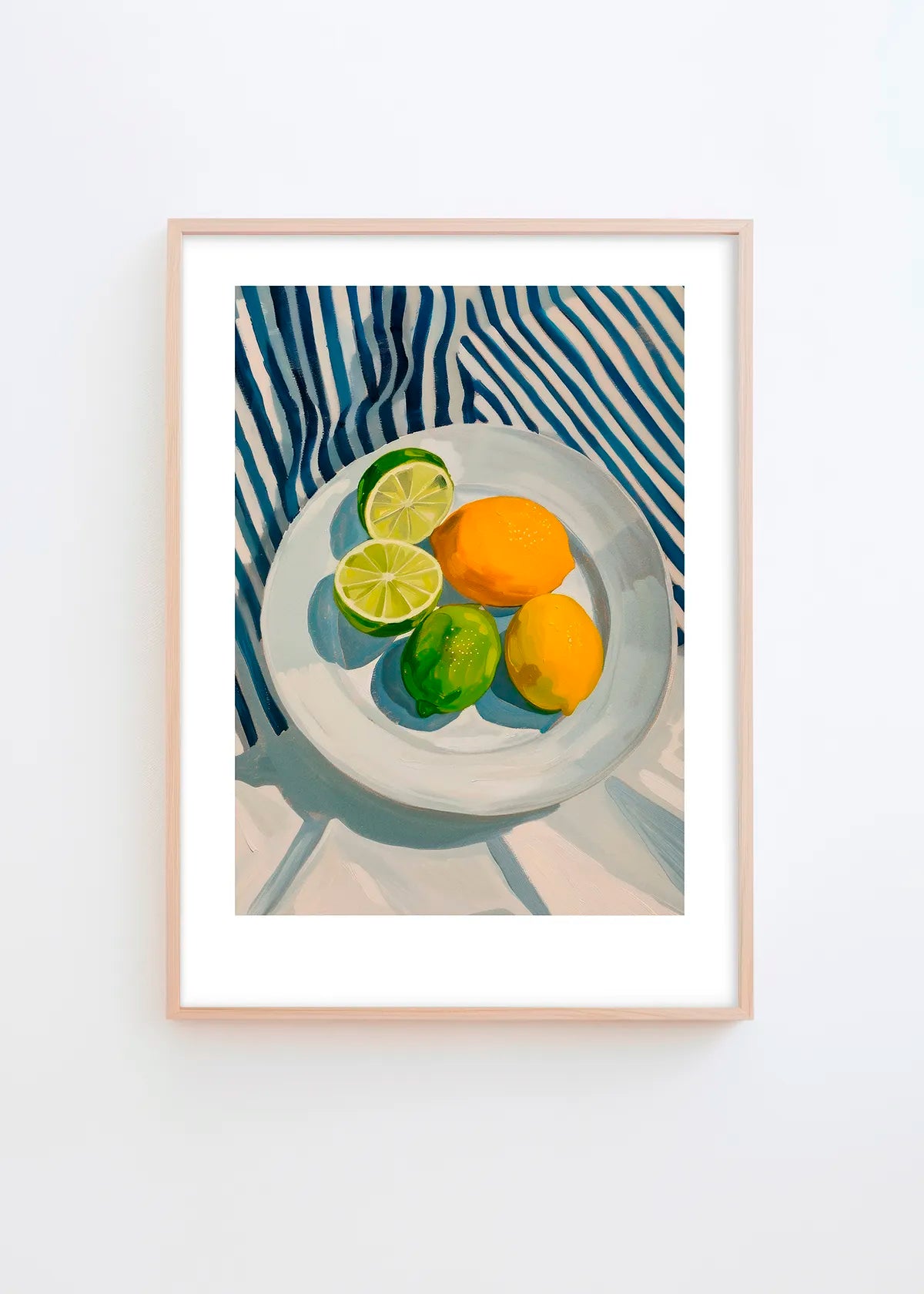 Lemon And Lime art print by Hello Poster featuring fresh lemons and limes on a plate with blue striped textile in a modern still life composition.