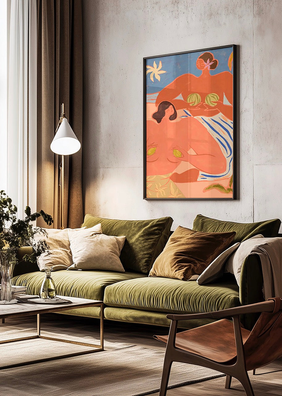 Lemon and Melon poster styled above a green sofa in a warm Scandinavian living room with soft natural light