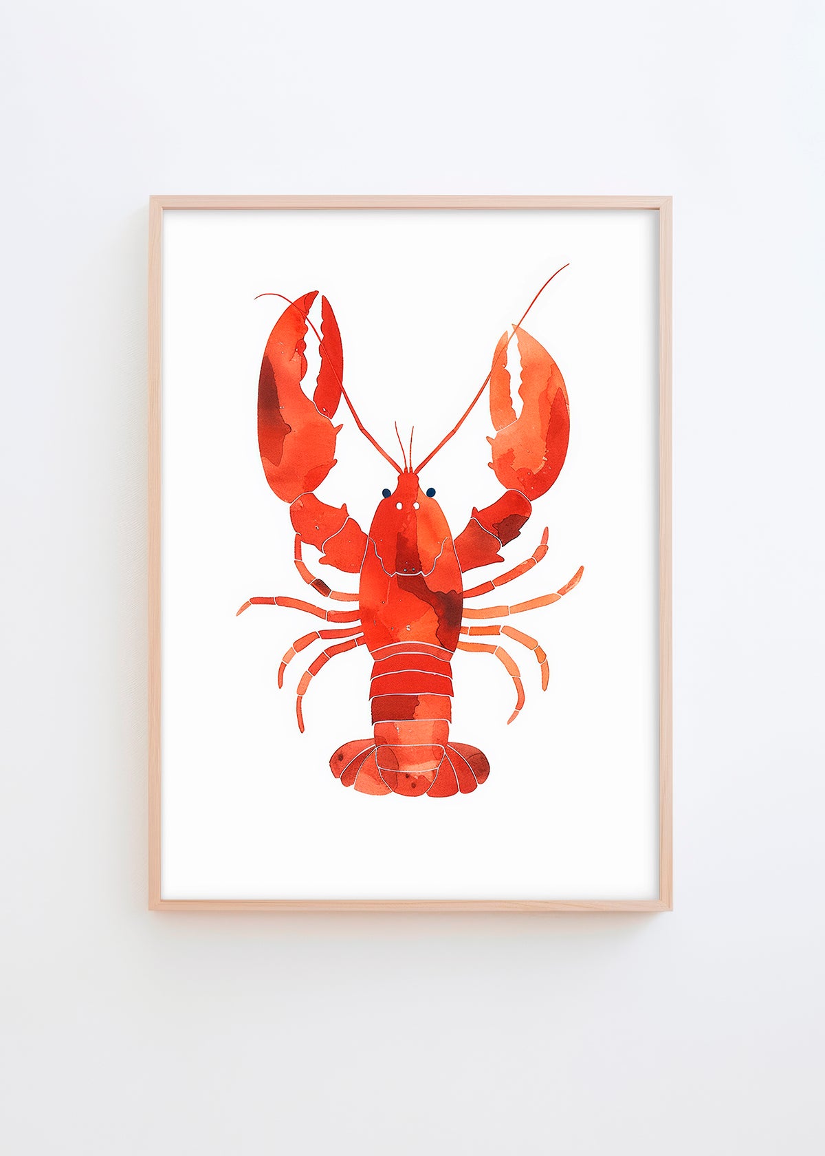 Watercolor art poster titled "Lobster Watercolor," featuring a vibrant red and orange lobster on a clean white background, showcasing coastal charm and artistic elegance.