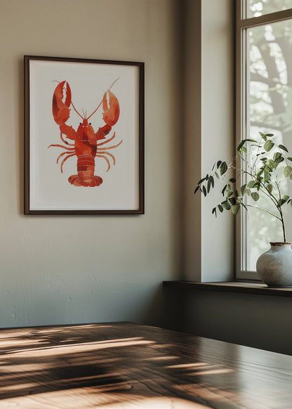 ibrant red lobster watercolor print titled "Lobster Watercolor" displayed in a dark wooden frame in a stylish dining area with natural light and minimalist decor.