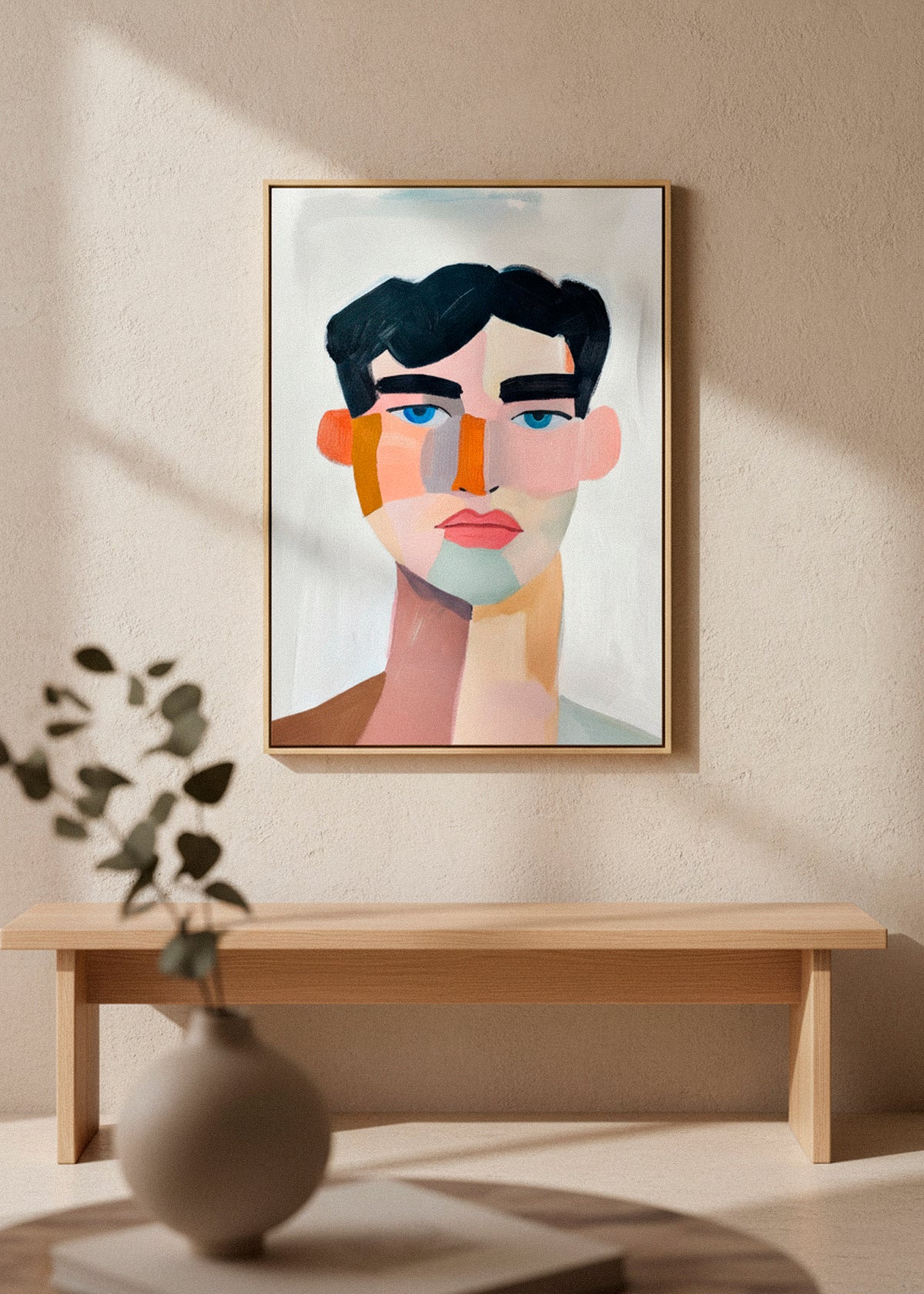 Abstract portrait artwork “Male” displayed above a wooden bench in a calm, minimalist interior.