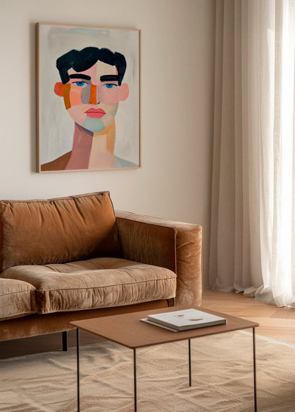 Male portrait poster in a minimalist living room – A unique abstract portrait poster, bringing artistic expression and contemporary style to a Scandinavian home interior.