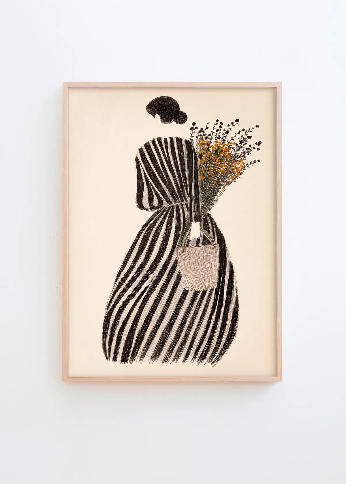 MariGold floral poster featuring a woman in a black striped dress with wildflowers in warm yellow tones on a soft beige background.