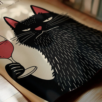 Detailed close-up of the Meowlot cat poster on a wooden table, showing the curled paper edge and the fine print texture in warm natural light.