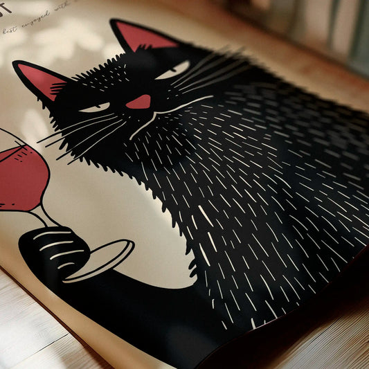 Detailed close-up of the Meowlot cat poster on a wooden table, showing the curled paper edge and the fine print texture in warm natural light.