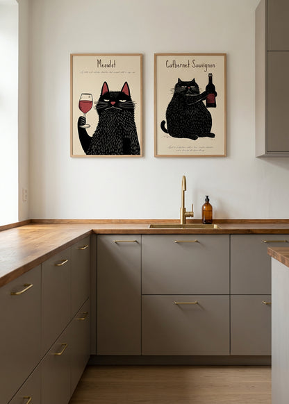 Meowlot and Cabernet Sauvignon posters styled side by side on a kitchen wall with a warm, modern expression