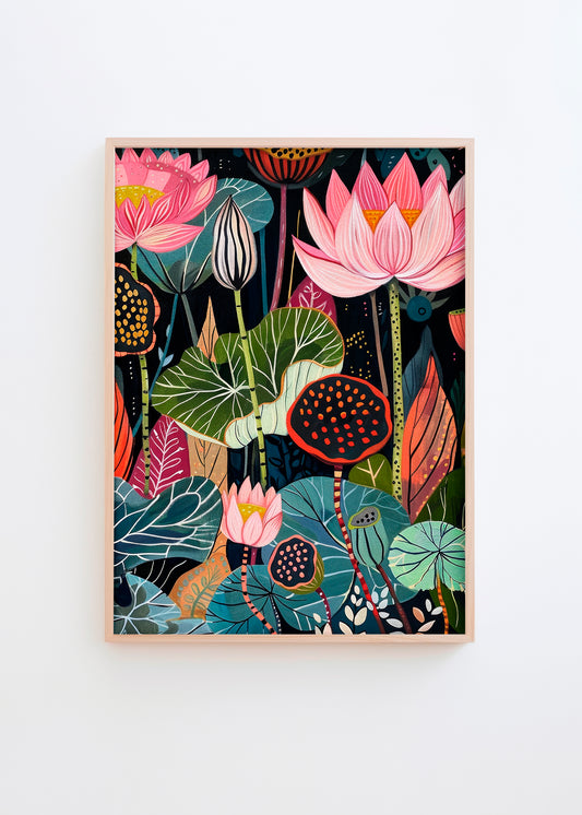 Midnight Flower poster featuring bold pink, green, and orange floral elements against a dark background, perfect for adding a vibrant touch to modern interiors.