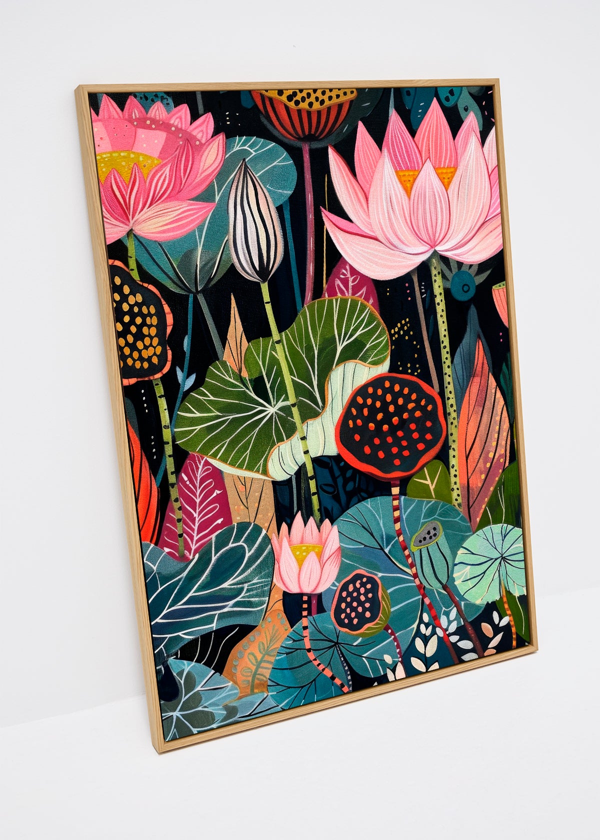 Midnight Flower canvas print – botanical artwork with pink lotus flowers, green leaves, and dark background