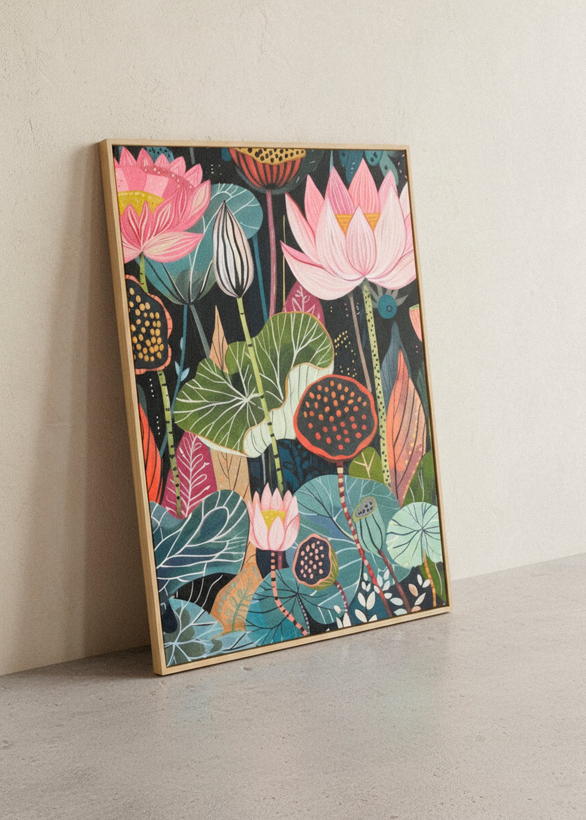 “Midnightflower” canvas print in light wood frame hanging on a textured beige wall, featuring pink and orange flowers with deep green leaves.