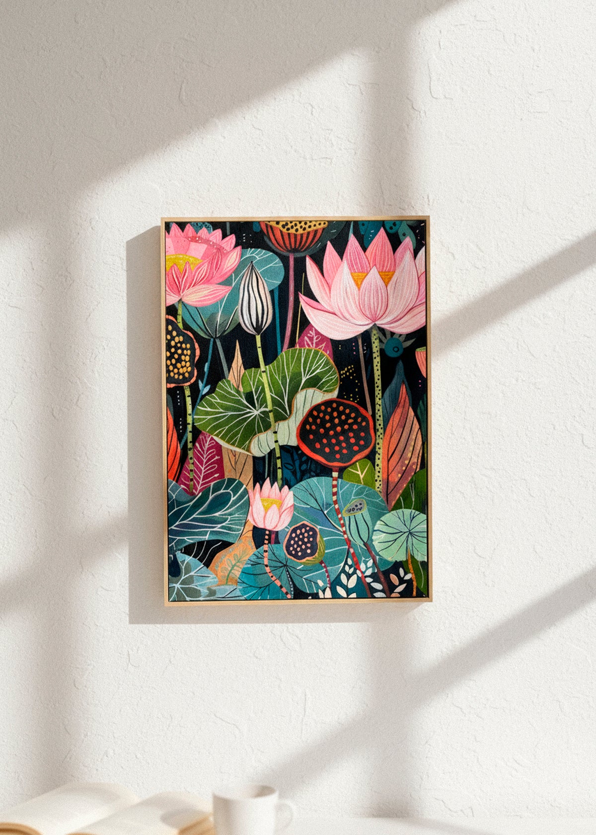 Close-up of the “Midnightflower” canvas showing bold floral shapes in pink, orange, and green, printed on matte textured canvas with a wooden frame.