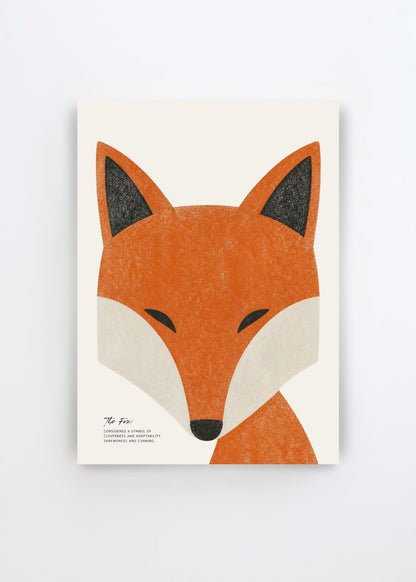 Minimalist Fox Portrait art poster by Ohkimiko featuring a stylised orange fox with black ears and soft cream details on an off-white background.