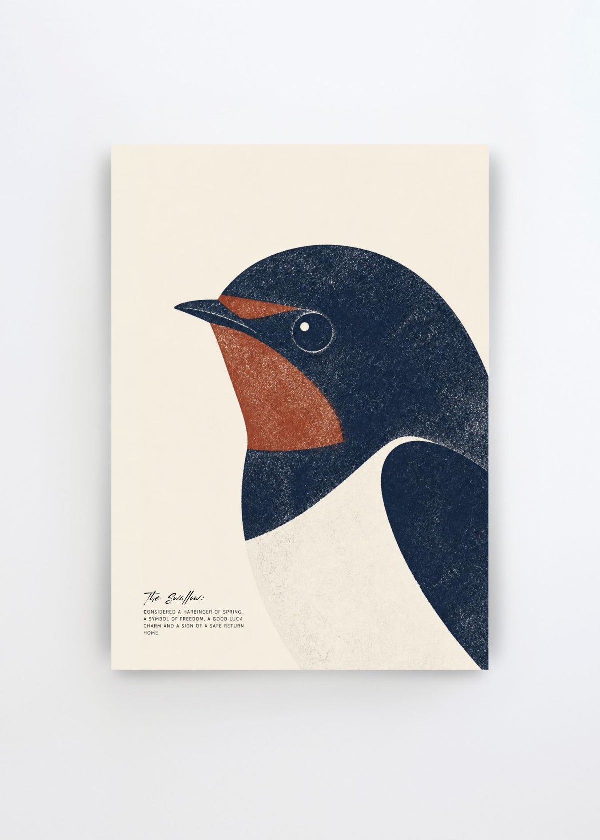 Minimalist Swallow Bird art poster by Ohkimiko featuring a stylised swallow in deep navy, rust and cream tones on a warm off-white background.