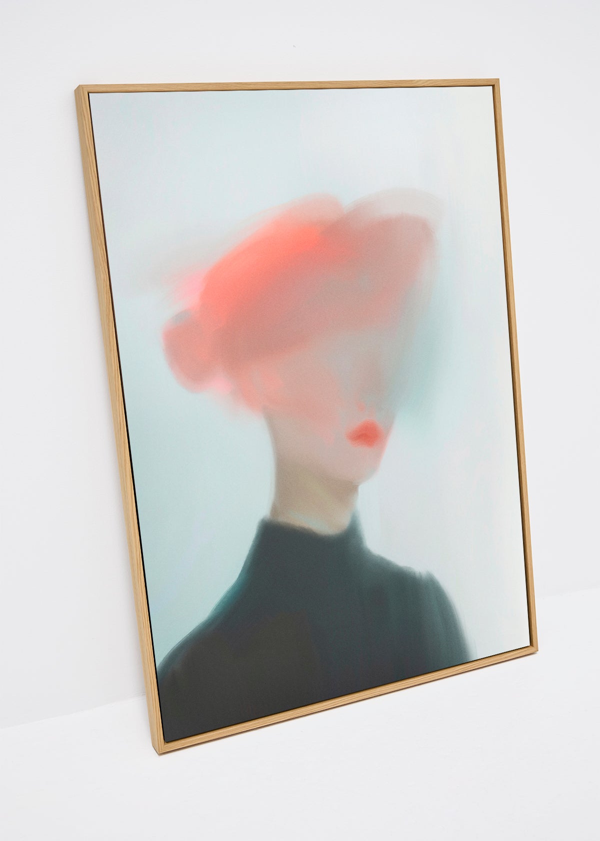 Mist canvas print – abstract portrait in soft blurred tones with red hair and dark clothing