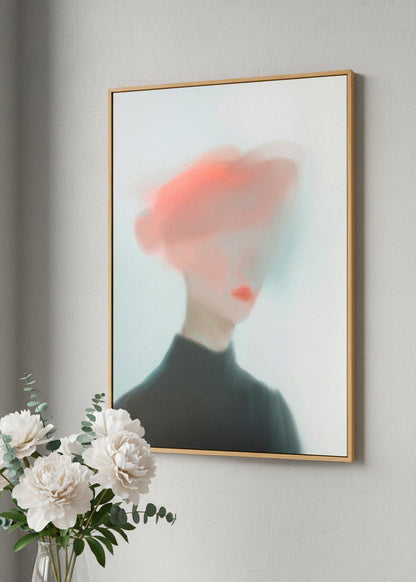 “Mist” canvas print featuring an abstract blurred portrait in red and black tones, hanging above a neutral bed with soft morning light.