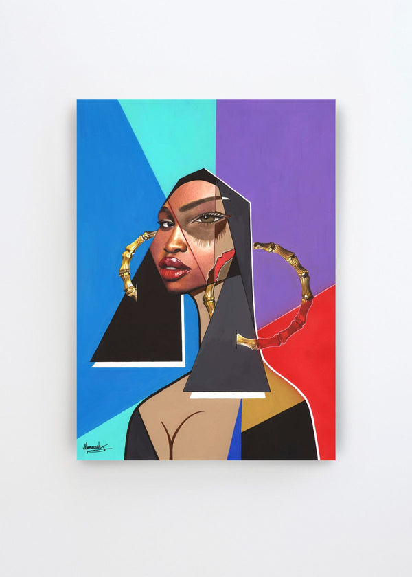 Modern Geometric Beauty by Manasseh Johnson Sr. – bold figurative art print featuring a woman with geometric facial details, large gold hoop earrings and vivid blue, turquoise, purple and red colour fields.