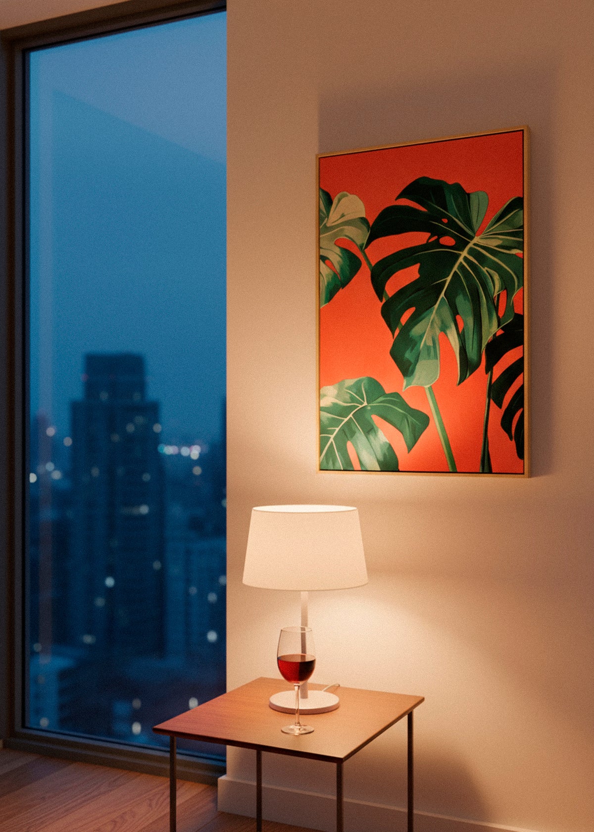 “Monstera” canvas print featuring large green leaves on a coral background, illuminated by warm evening light in a modern apartment.