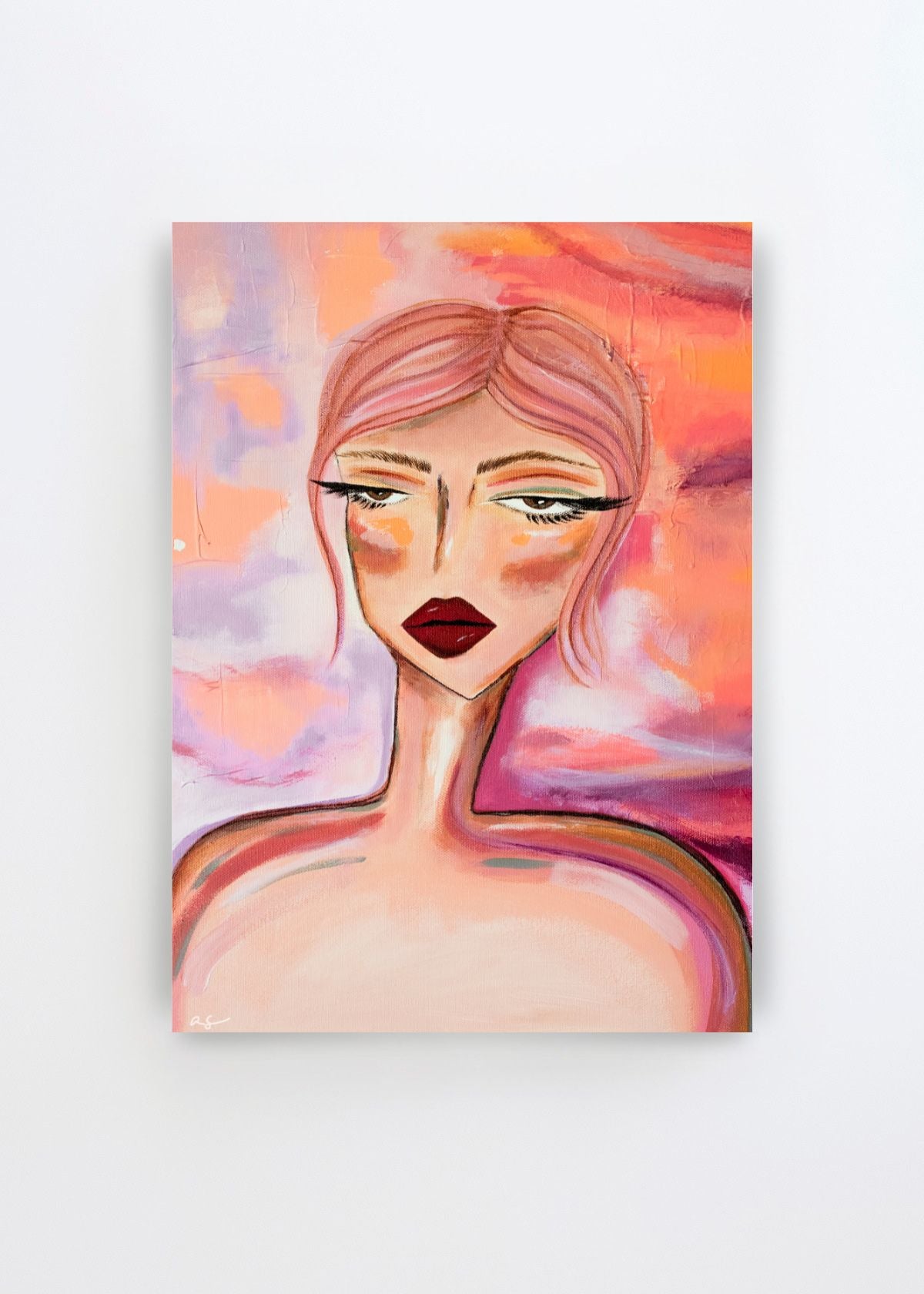 Moody Pink Hair Portrait by Amy Straley art print featuring an expressive woman with pink hair, dark red lips and soft painterly tones of pink, peach and lavender on a light background.