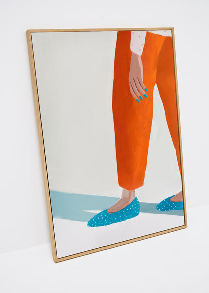 Moody Nails canvas print – modern artwork with orange pants, turquoise shoes, and blue painted nails
