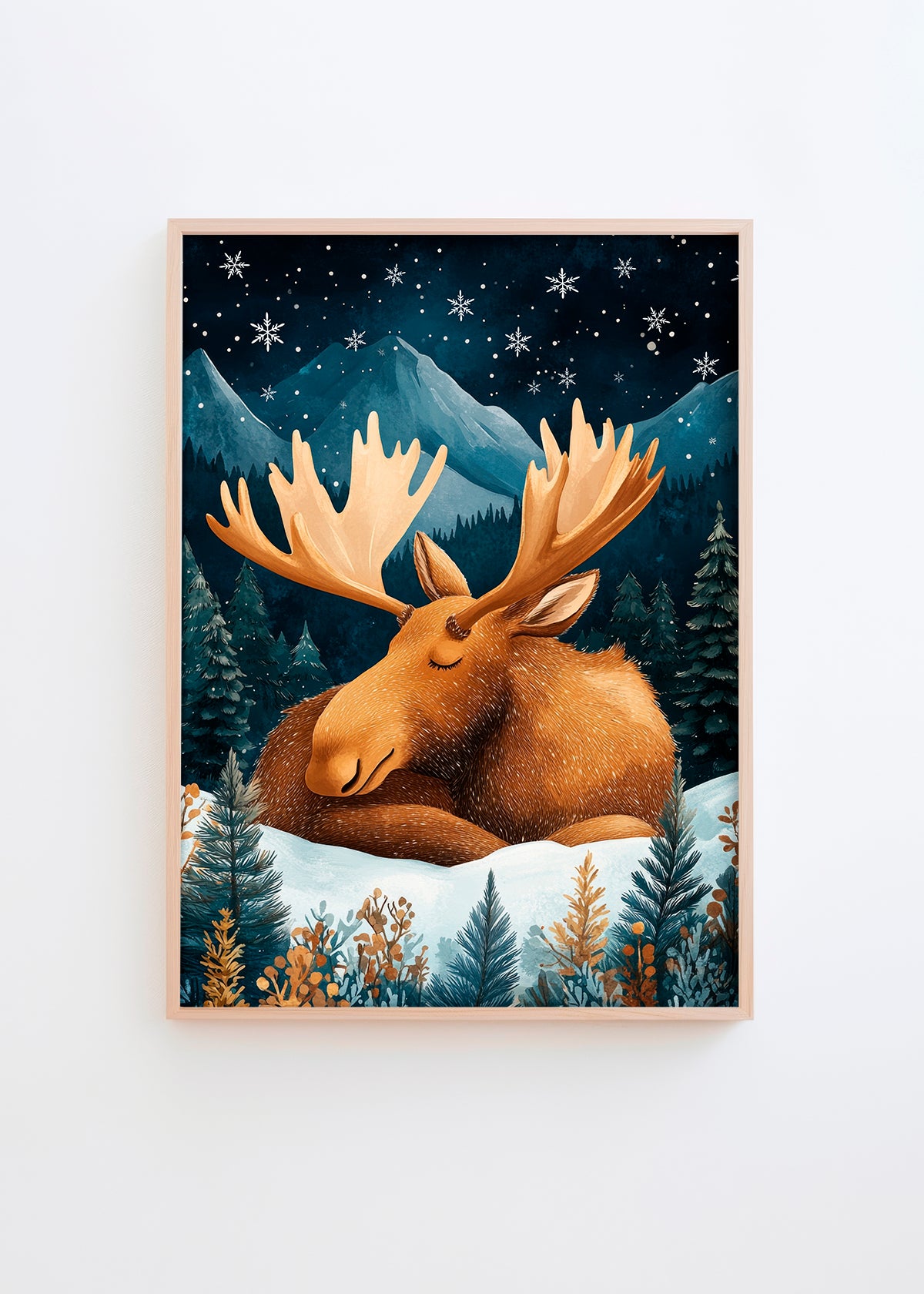 A cozy poster titled "Moose," featuring a peaceful moose resting in a snowy forest under a starlit night sky with mountains in the background. Perfect for kids' rooms or as festive holiday decor.