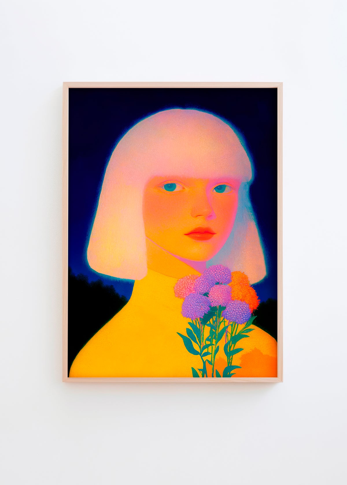 A vibrant art poster titled Neon Girl, featuring a pale-faced girl with white hair and turquoise eyes, holding a bouquet of purple and orange flowers against a dark background.