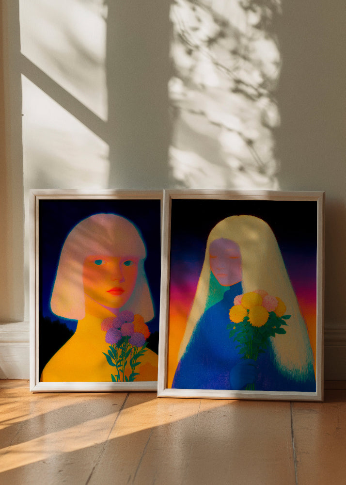 Neon Girl and Purple Glow posters displayed side by side, featuring vibrant, dreamlike portraits with striking neon hues. Each figure holds a bouquet of flowers, their luminous tones beautifully contrasted against deep, shadowy backgrounds. The natural light streaming through a window casts playful shadows, enhancing the vivid and surreal atmosphere of the artwork.