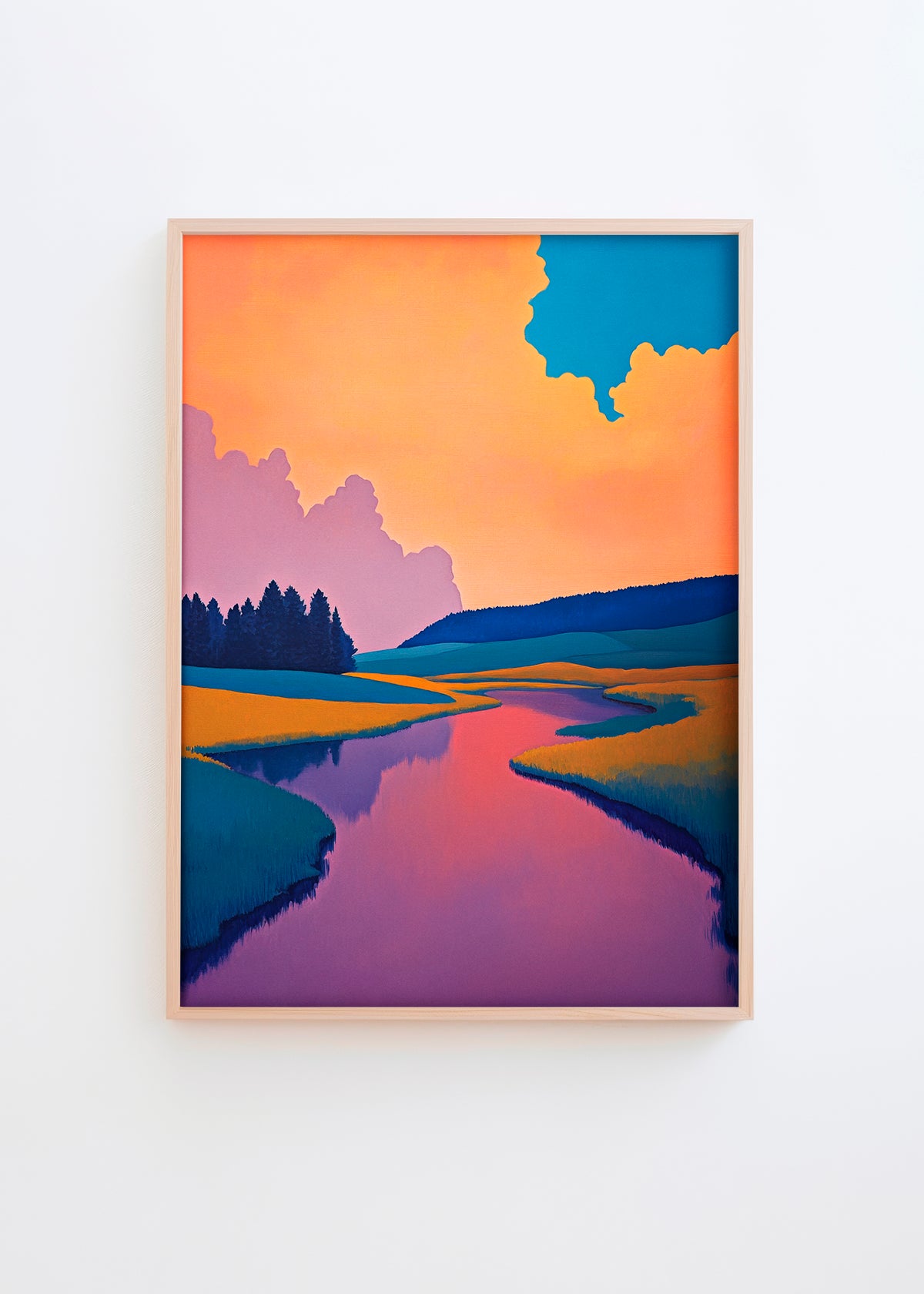 A serene art poster titled "Nightfall," featuring a colorful sunset sky with warm orange, pink, and purple hues mirrored in a winding river through golden meadows.