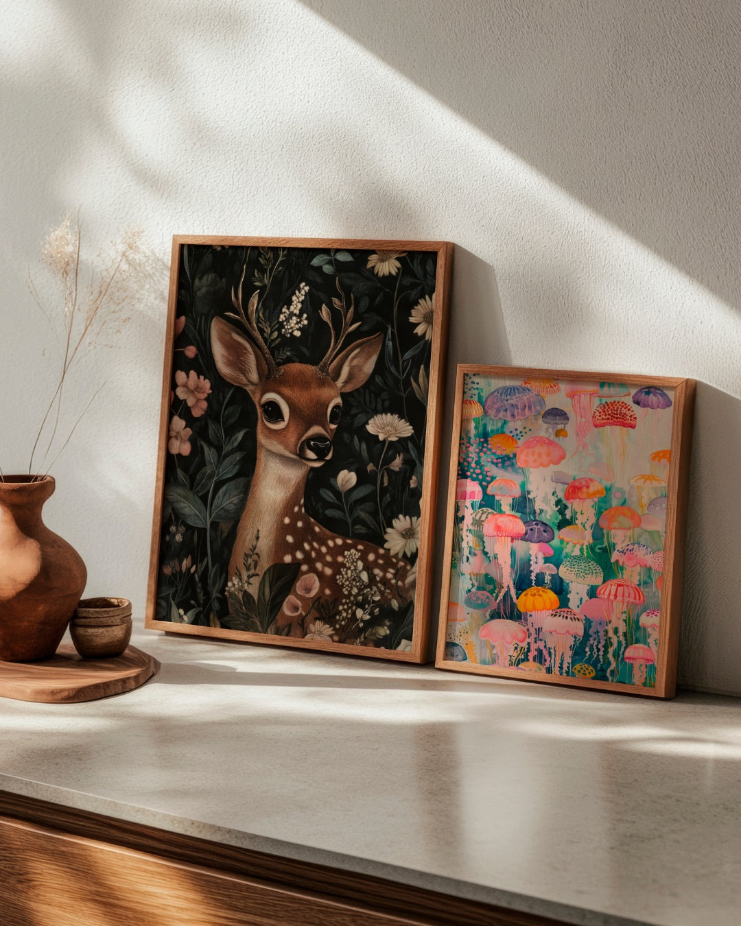 'Oh Deer' and 'Under Water' posters styled together in a cozy setting with soft shadows and Scandinavian decor.