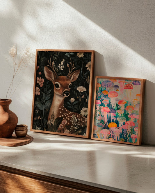 'Oh Deer' and 'Under Water' posters styled together in a cozy setting with soft shadows and Scandinavian decor.