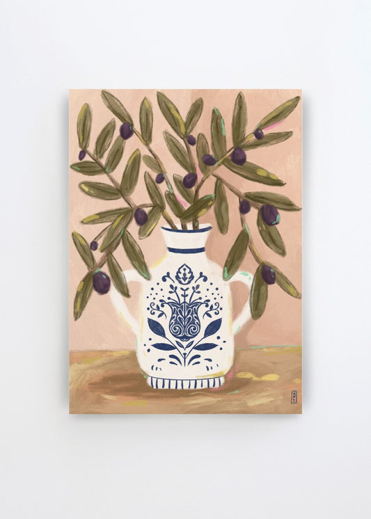 Olive Branches In a Pot Painting by Dirkie Nell art print featuring green olive branches with dark purple olives arranged in a decorative blue and white ceramic pot against a warm peach background.
