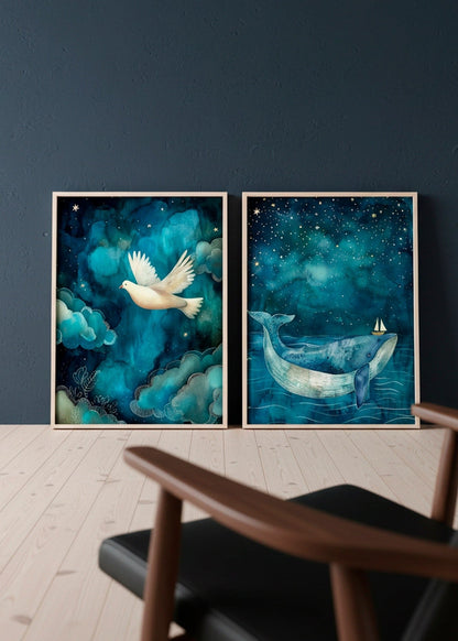 Two framed posters — One Big Friend with a dreamy blue whale under a starry sky and One Small Friend with a white dove flying through soft teal clouds — styled against a deep blue wall in a Nordic interior.