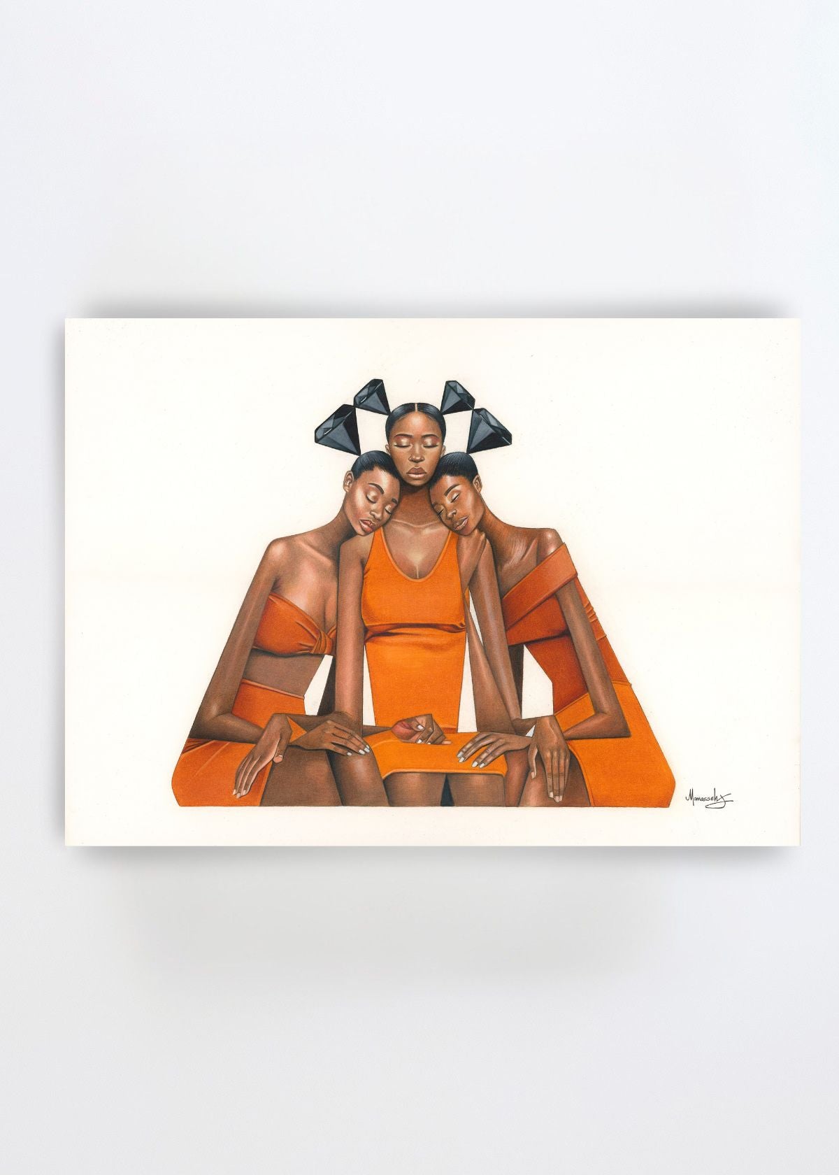 Orange Diamond Embrace by Manasseh Johnson Sr. – figurative art print featuring three women in vivid orange clothing, seated closely together beneath black geometric diamond shapes on a white background.