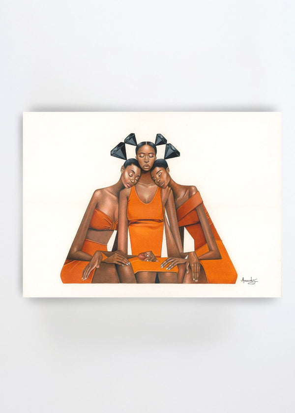 Orange Diamond Embrace by Manasseh Johnson Sr. – figurative art print featuring three women in vivid orange clothing, seated closely together beneath black geometric diamond shapes on a white background.