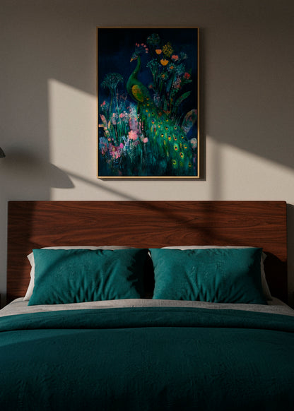 “Peacock” canvas print featuring a vibrant peacock surrounded by colorful flowers on a deep blue background, leaning against a wall in sunlight.