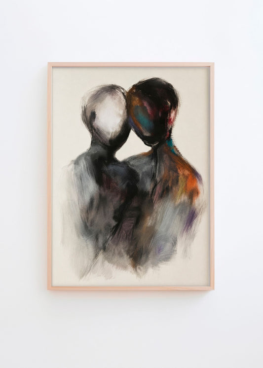 Persona abstract figurative poster in a natural oak frame featuring two faceless figures in expressive black, grey and earthy tones, styled on a white wall in a bright Scandinavian interior by Hello Poster