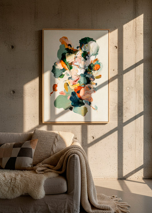 Petale abstract floral artwork hanging on a textured wall with warm sunlight – vibrant canvas print by Hello Poster.
