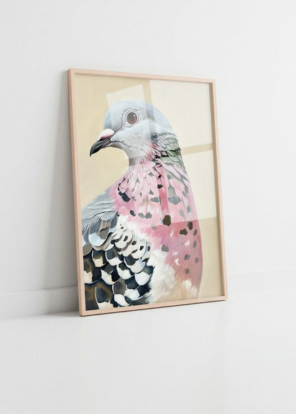 The Pigeon poster leaning against a white wall, showing a detailed pastel pigeon illustration in a light wooden frame.