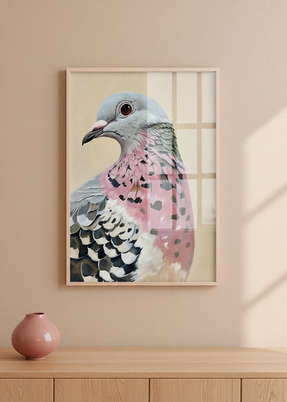 The Pigeon poster hanging above a wooden dresser on a beige wall, illuminated by soft natural light.