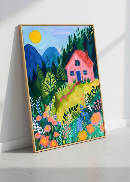 “Pink House” canvas print displayed above a beige sofa in a bright living room, styled with earthy tones and natural light.