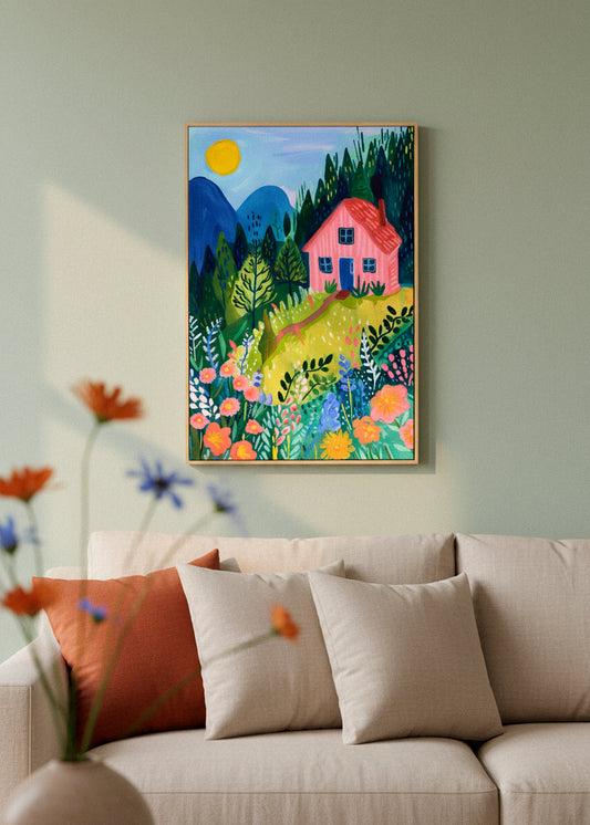 “Pink House” canvas print featuring a pink cottage surrounded by wildflowers and green hills under the sun. Displayed above a beige sofa with warm-toned cushions.