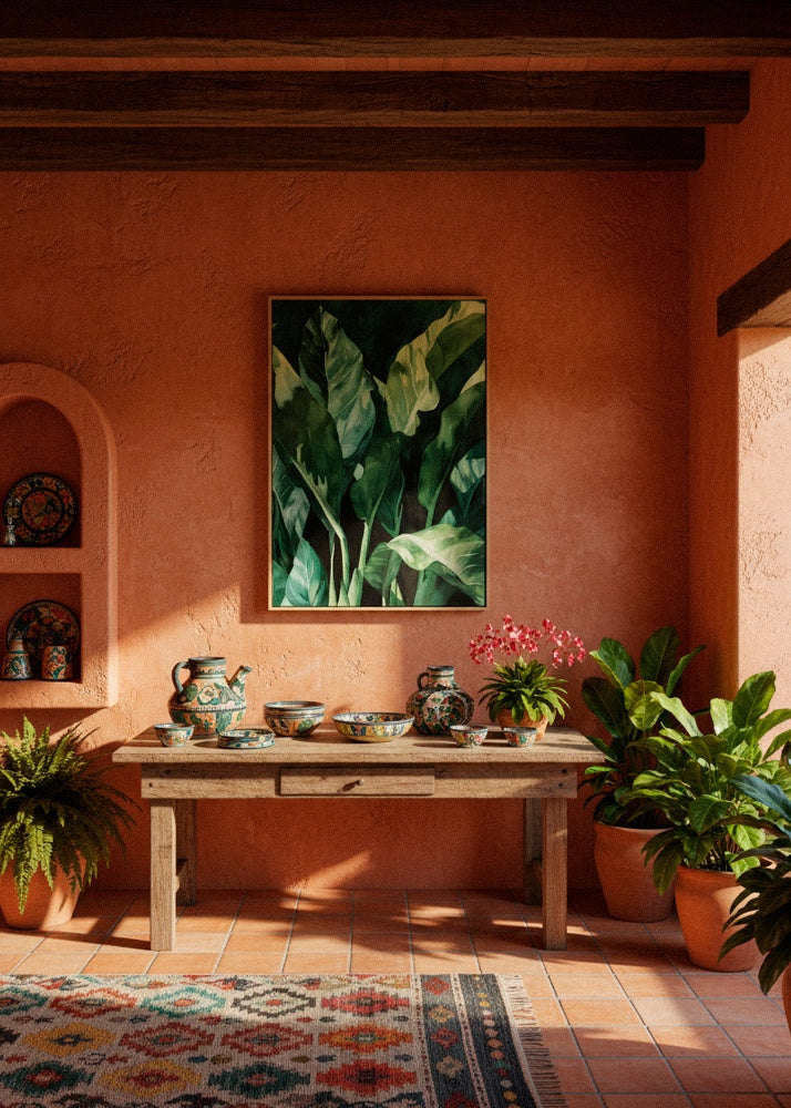 Framed “Plant” canvas print hanging on a textured wall beside wooden shelves and pottery, styled in earthy, Mediterranean tones.