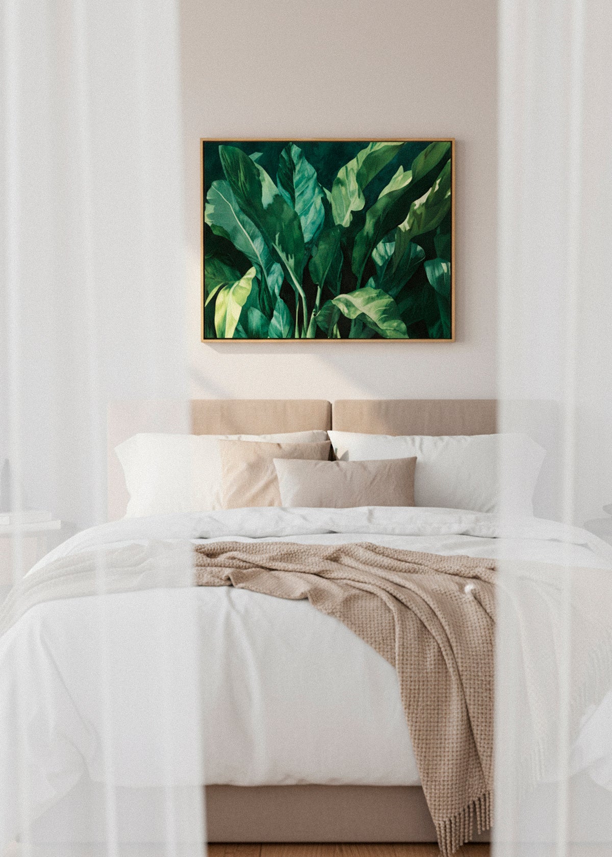 “Plant” wide canvas print showing deep green tropical leaves with natural light and soft shadows in a Scandinavian interior.
