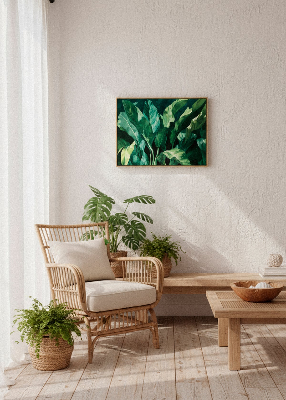 Framed “Plant” canvas print hanging above a rattan chair and wooden bench surrounded by lush indoor plants in sunlight.
